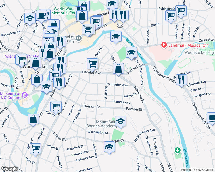 map of restaurants, bars, coffee shops, grocery stores, and more near 384 Willow Street in Woonsocket