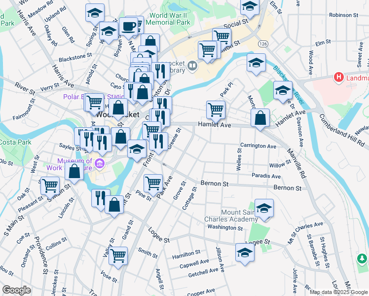 map of restaurants, bars, coffee shops, grocery stores, and more near 183 Park Avenue in Woonsocket