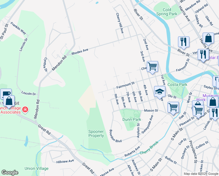 map of restaurants, bars, coffee shops, grocery stores, and more near 418 9th Avenue in Woonsocket