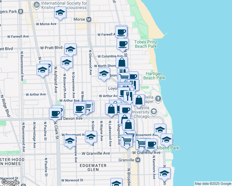 map of restaurants, bars, coffee shops, grocery stores, and more near 6459 North Magnolia Avenue in Chicago