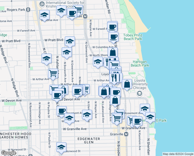 map of restaurants, bars, coffee shops, grocery stores, and more near 1335 West Arthur Avenue in Chicago