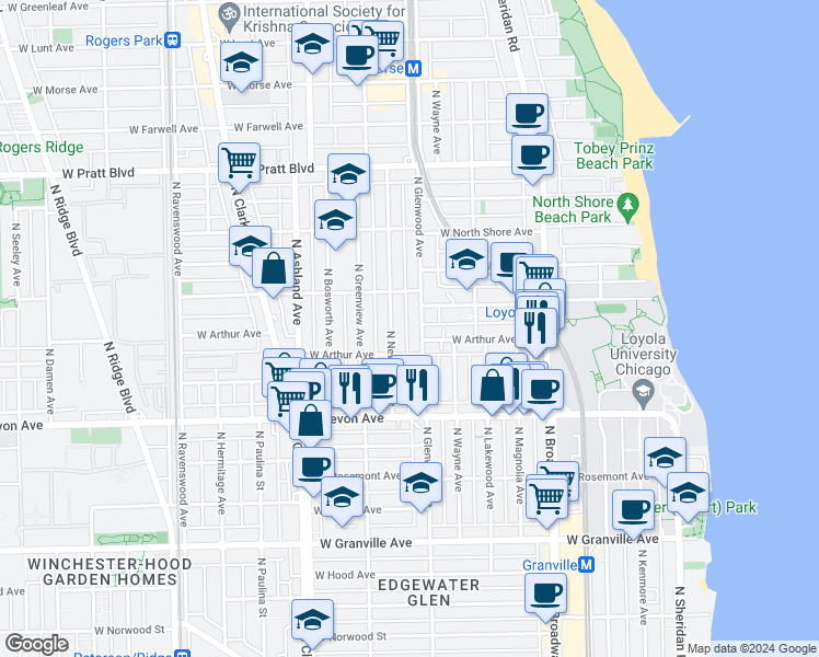 map of restaurants, bars, coffee shops, grocery stores, and more near 6504 North Glenwood Avenue in Chicago