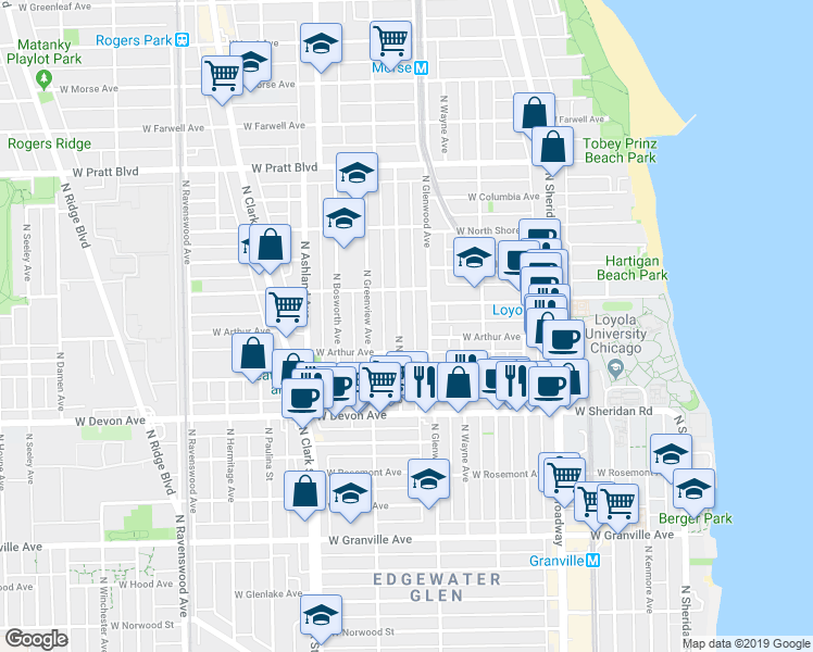map of restaurants, bars, coffee shops, grocery stores, and more near 6504 North Glenwood Avenue in Chicago