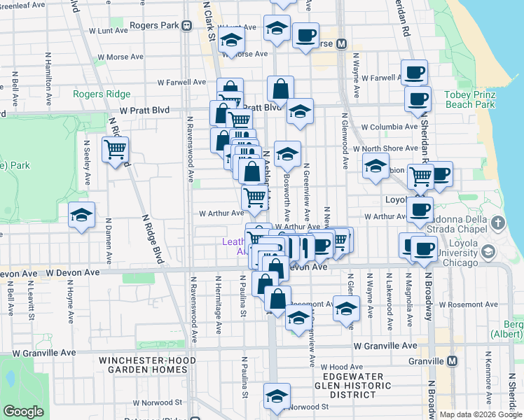 map of restaurants, bars, coffee shops, grocery stores, and more near 6501 North Clark Street in Chicago
