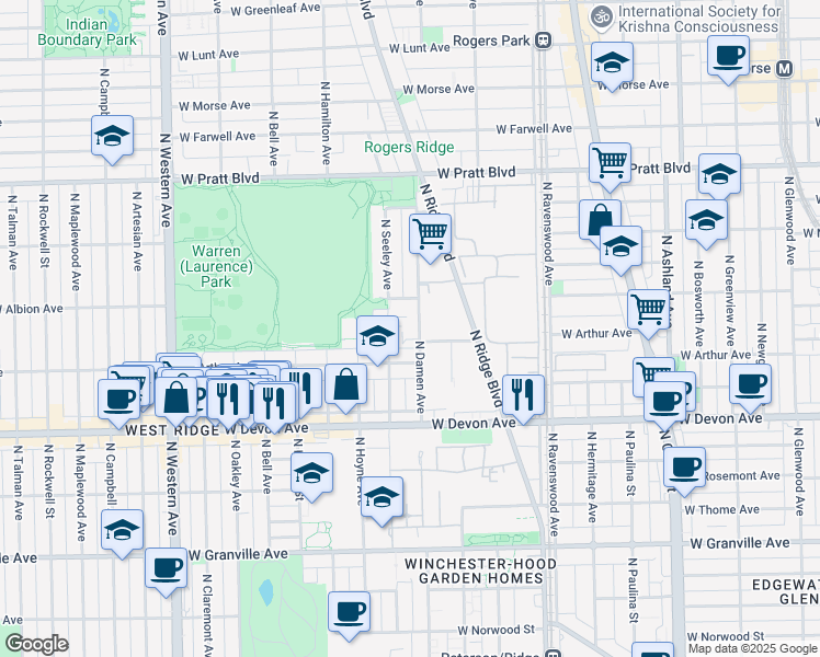 map of restaurants, bars, coffee shops, grocery stores, and more near 2020 West Arthur Avenue in Chicago