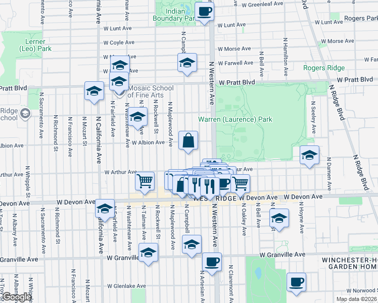 map of restaurants, bars, coffee shops, grocery stores, and more near 6512 North Artesian Avenue in Chicago