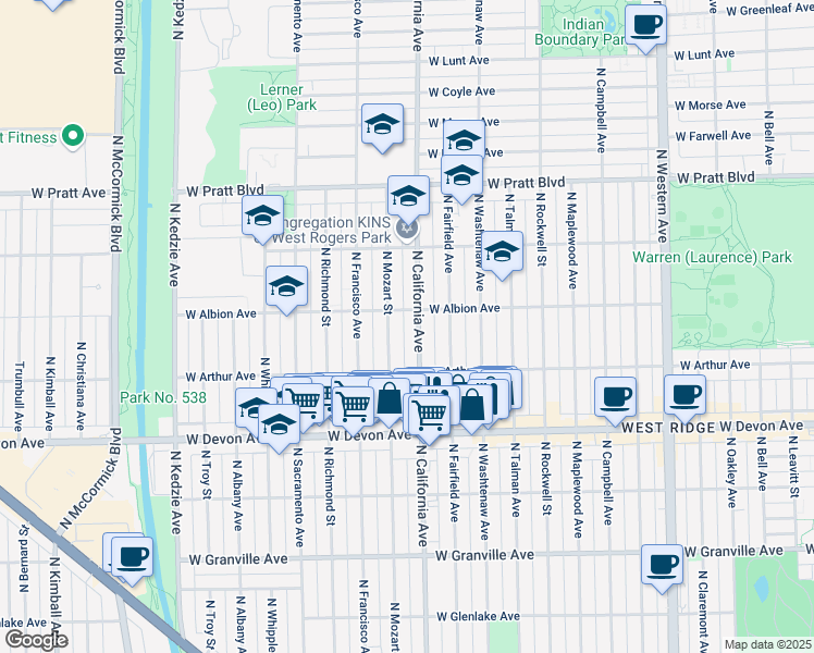 map of restaurants, bars, coffee shops, grocery stores, and more near 6519 North Mozart Street in Chicago