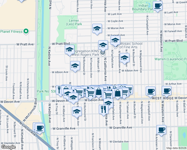 map of restaurants, bars, coffee shops, grocery stores, and more near 6521 North Francisco Avenue in Chicago