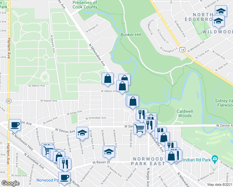 map of restaurants, bars, coffee shops, grocery stores, and more near 6527 North Natoma Avenue in Chicago