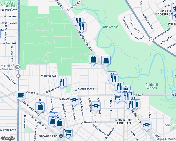 map of restaurants, bars, coffee shops, grocery stores, and more near 6527 North Normandy Avenue in Chicago
