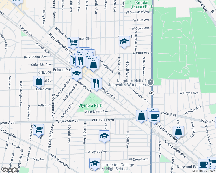map of restaurants, bars, coffee shops, grocery stores, and more near 6567 North Olmsted Avenue in Chicago