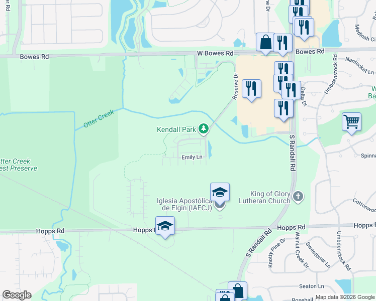 map of restaurants, bars, coffee shops, grocery stores, and more near 2465 Emily Lane in Elgin