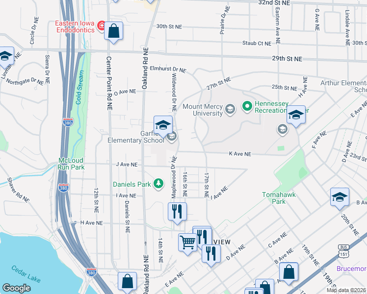 map of restaurants, bars, coffee shops, grocery stores, and more near 1601 K Avenue Northeast in Cedar Rapids