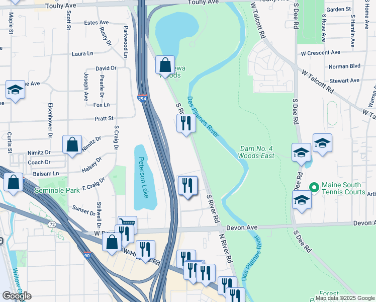 map of restaurants, bars, coffee shops, grocery stores, and more near 2930 South River Road in Des Plaines