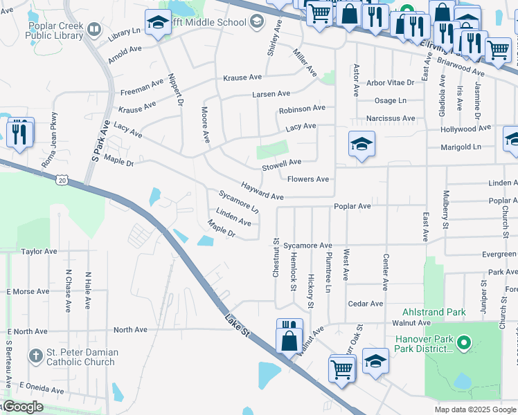 map of restaurants, bars, coffee shops, grocery stores, and more near 7052 Chestnut Street in Hanover Park