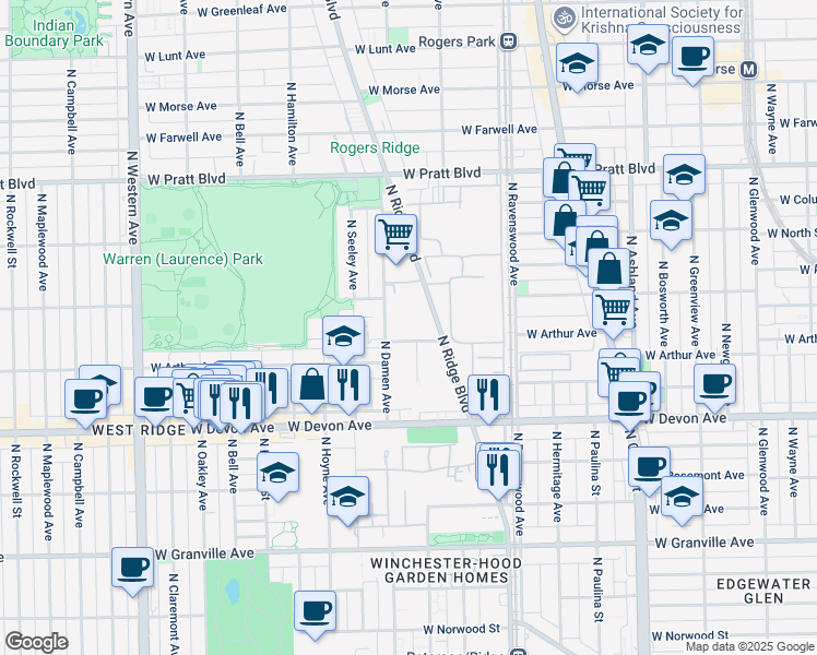 map of restaurants, bars, coffee shops, grocery stores, and more near 1930 West Loyola Avenue in Chicago