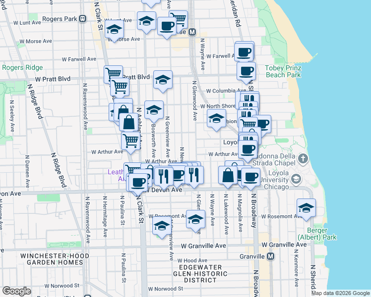map of restaurants, bars, coffee shops, grocery stores, and more near 6552 North Glenwood Avenue in Chicago