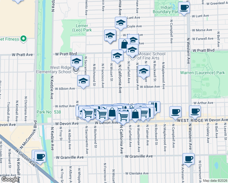 map of restaurants, bars, coffee shops, grocery stores, and more near 6611 North Mozart Street in Chicago