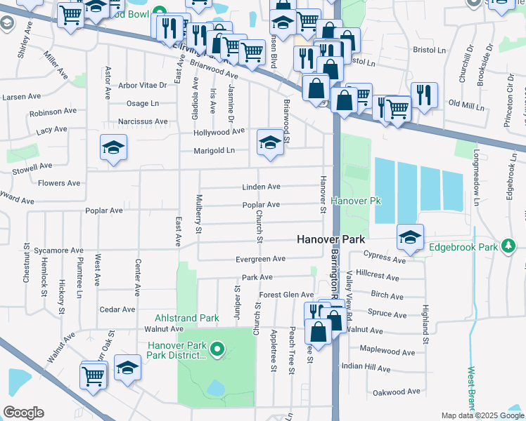 map of restaurants, bars, coffee shops, grocery stores, and more near 1765 Linden Avenue in Hanover Park