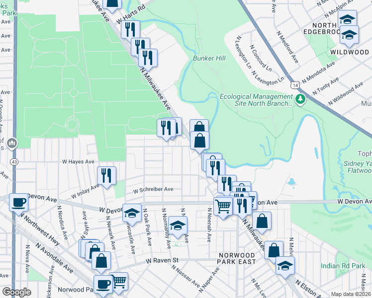 map of restaurants, bars, coffee shops, grocery stores, and more near 6622 North Milwaukee Avenue in Niles