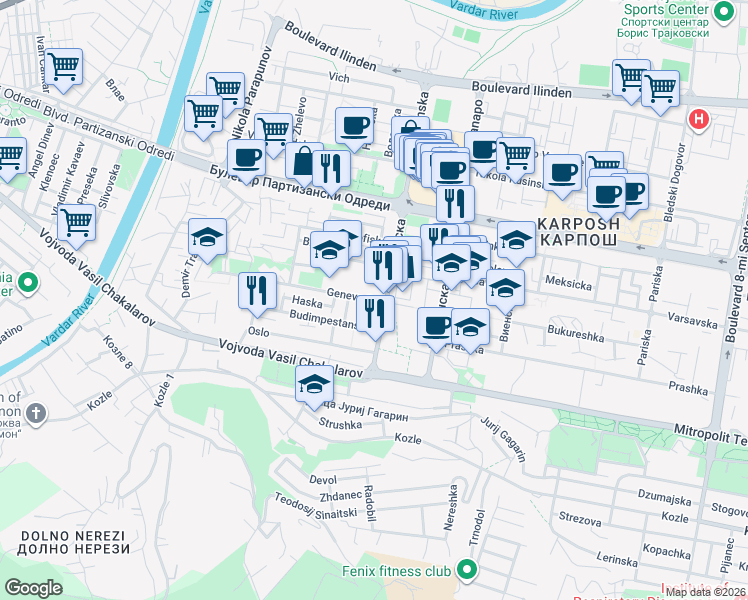 map of restaurants, bars, coffee shops, grocery stores, and more near Zenevska in Skopje