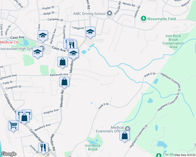 map of restaurants, bars, coffee shops, grocery stores, and more near 212 Oregon Avenue in Woonsocket