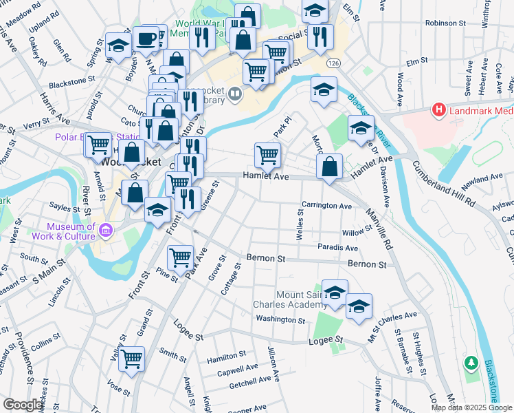 map of restaurants, bars, coffee shops, grocery stores, and more near 42 Grove Street in Woonsocket