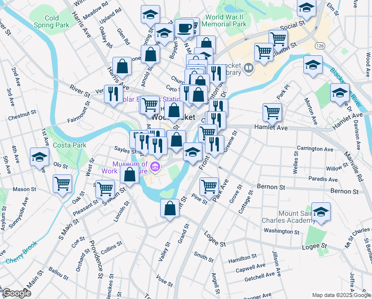 map of restaurants, bars, coffee shops, grocery stores, and more near 110 Allen Street in Woonsocket