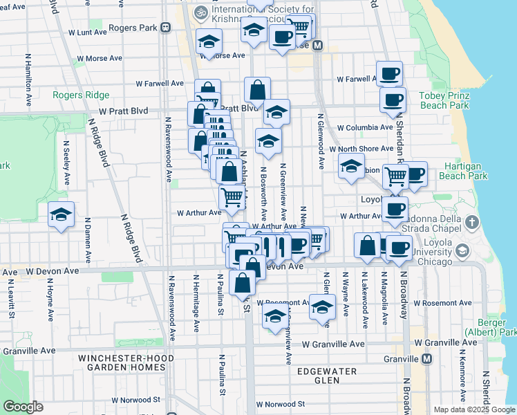 map of restaurants, bars, coffee shops, grocery stores, and more near 6555 North Bosworth Avenue in Chicago