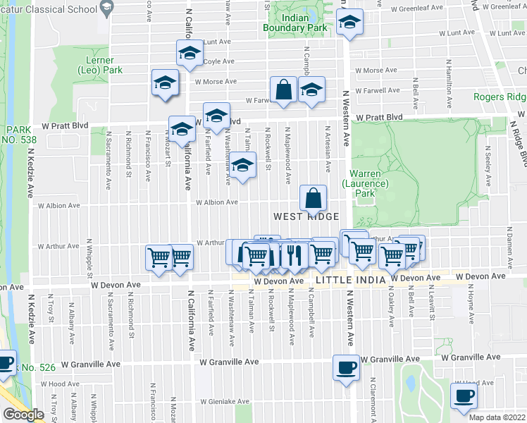 map of restaurants, bars, coffee shops, grocery stores, and more near 6605 North Rockwell Street in Chicago