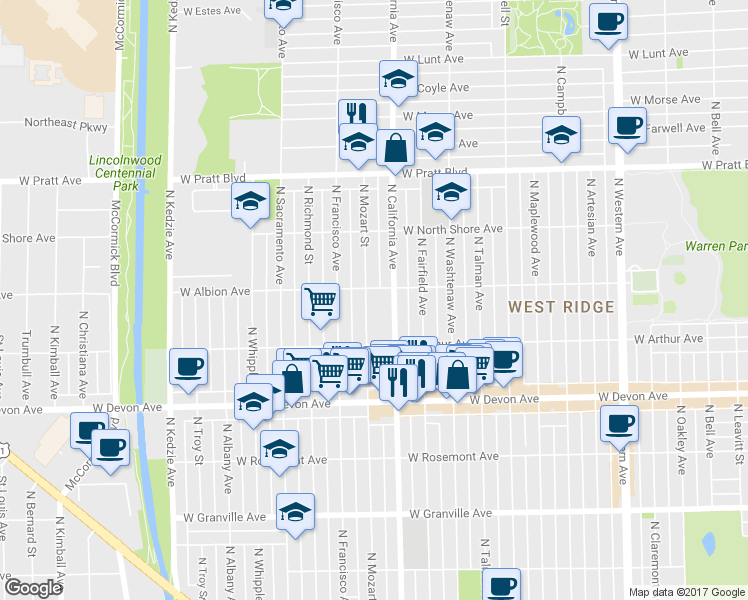 map of restaurants, bars, coffee shops, grocery stores, and more near 6611 North Mozart Street in Chicago