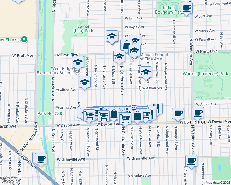 map of restaurants, bars, coffee shops, grocery stores, and more near 6611 North Mozart Street in Chicago