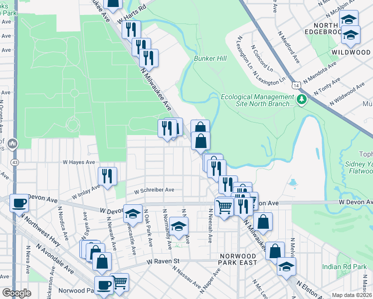 map of restaurants, bars, coffee shops, grocery stores, and more near 6622 North Milwaukee Avenue in Niles