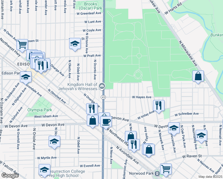 map of restaurants, bars, coffee shops, grocery stores, and more near 6549 North Neva Avenue in Chicago