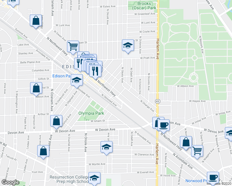 map of restaurants, bars, coffee shops, grocery stores, and more near 663 North Ogallah Avenue in Chicago
