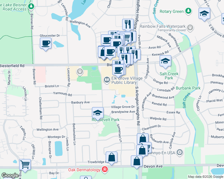 map of restaurants, bars, coffee shops, grocery stores, and more near 1133 Cheekwood Drive in Elk Grove Village