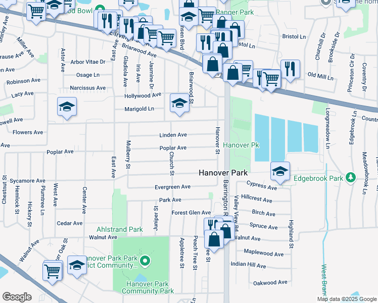 map of restaurants, bars, coffee shops, grocery stores, and more near 1699 Linden Avenue in Hanover Park