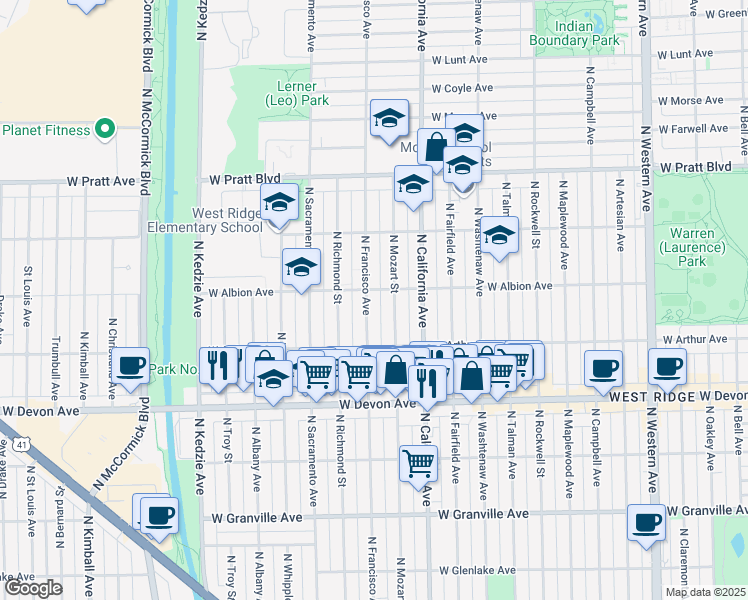 map of restaurants, bars, coffee shops, grocery stores, and more near 6553 North Francisco Avenue in Chicago