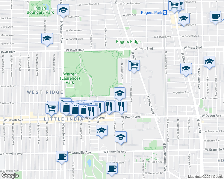 map of restaurants, bars, coffee shops, grocery stores, and more near 6540 North Hoyne Avenue in Chicago