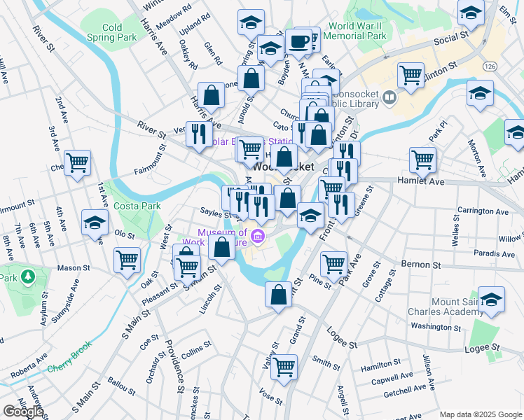 map of restaurants, bars, coffee shops, grocery stores, and more near 70 Main Street in Woonsocket