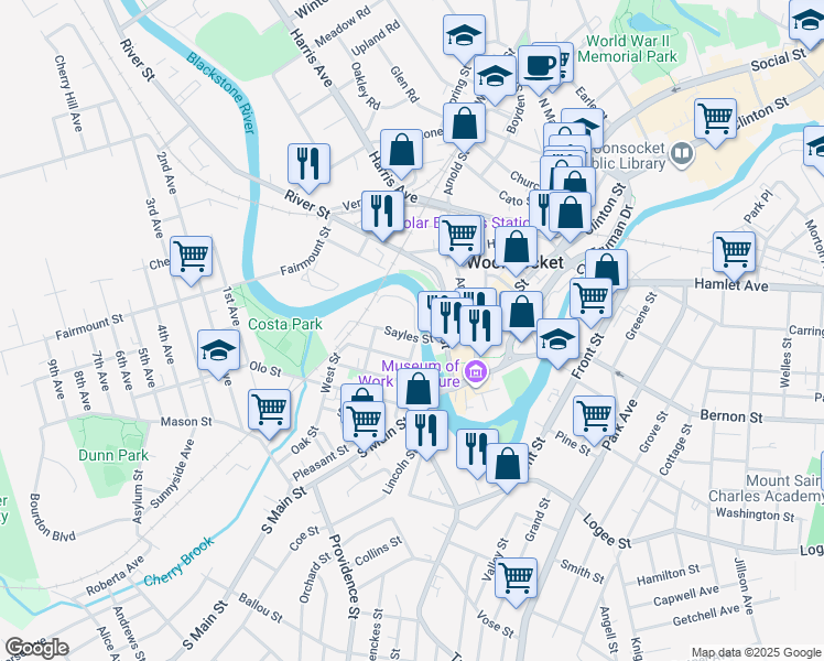 map of restaurants, bars, coffee shops, grocery stores, and more near 52 Northeast Street in Woonsocket