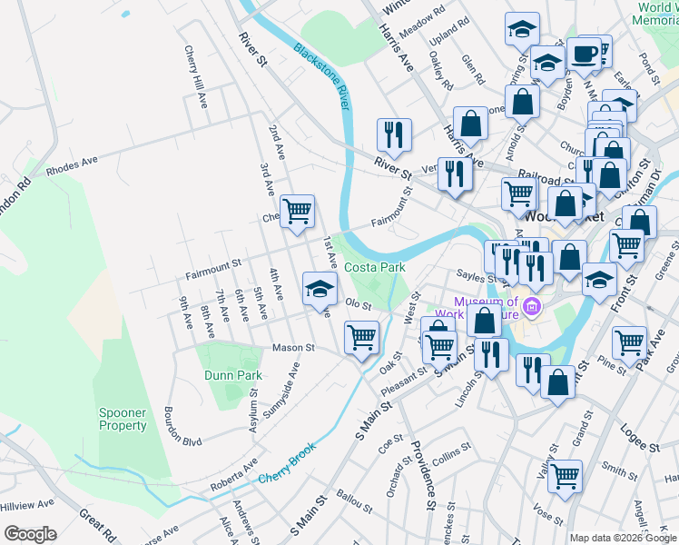 map of restaurants, bars, coffee shops, grocery stores, and more near 118 1st Avenue in Woonsocket