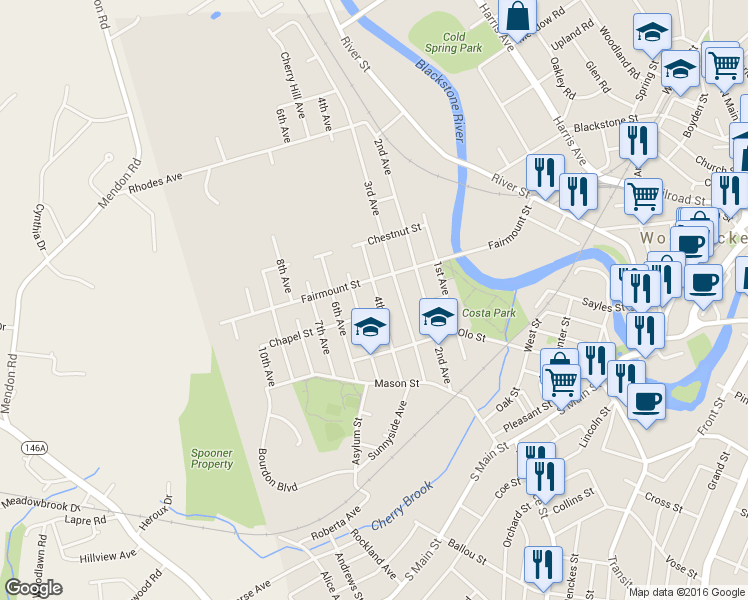 map of restaurants, bars, coffee shops, grocery stores, and more near 242 4th Avenue in Woonsocket