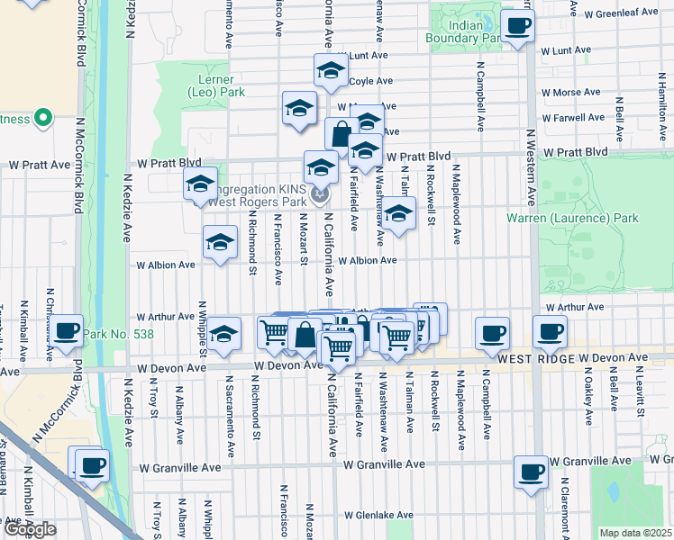 map of restaurants, bars, coffee shops, grocery stores, and more near 6608 North Fairfield Avenue in Chicago