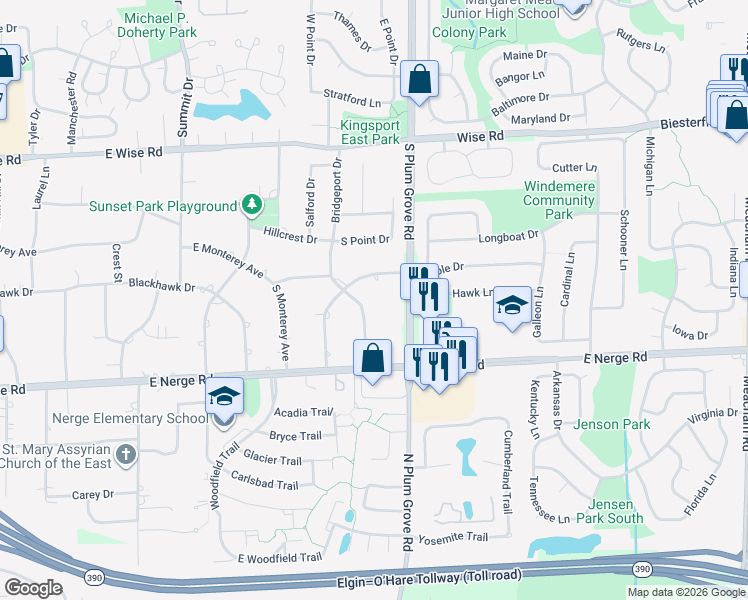 map of restaurants, bars, coffee shops, grocery stores, and more near 715 Greenbriar Lane in Schaumburg
