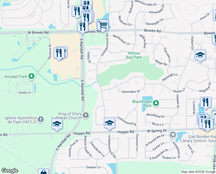 map of restaurants, bars, coffee shops, grocery stores, and more near 1208 Bristol Bay in Elgin