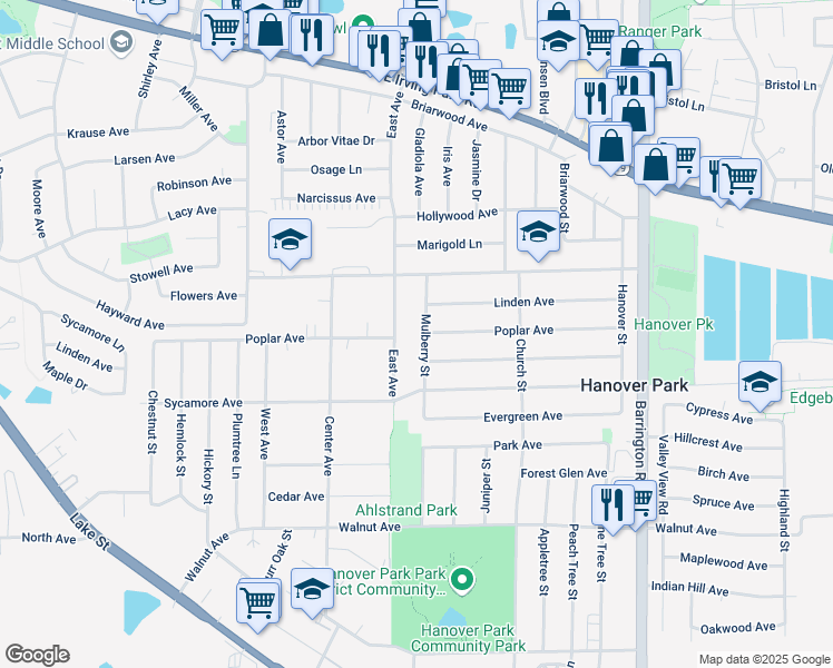 map of restaurants, bars, coffee shops, grocery stores, and more near 7120 Mulberry Street in Hanover Park