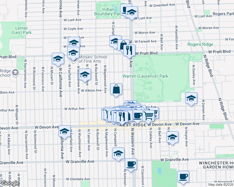 map of restaurants, bars, coffee shops, grocery stores, and more near 2440 West Albion Avenue in Chicago