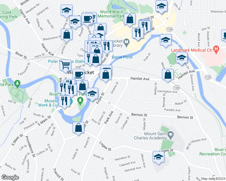 map of restaurants, bars, coffee shops, grocery stores, and more near 99 Greene Street in Woonsocket