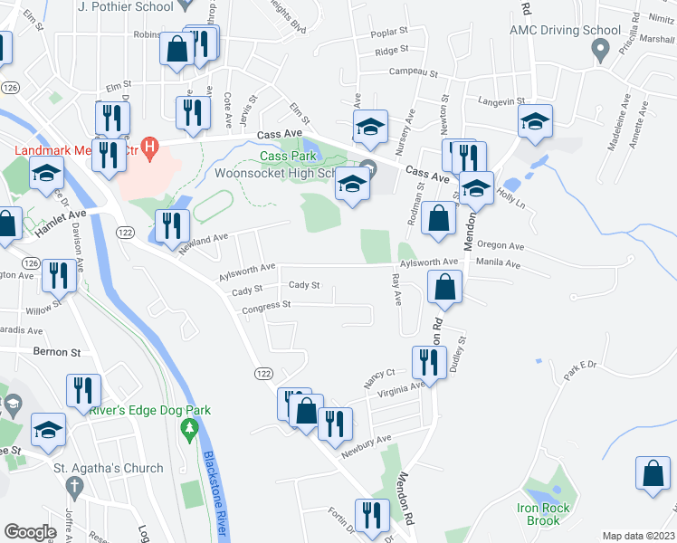 map of restaurants, bars, coffee shops, grocery stores, and more near 341 Aylsworth Avenue in Woonsocket